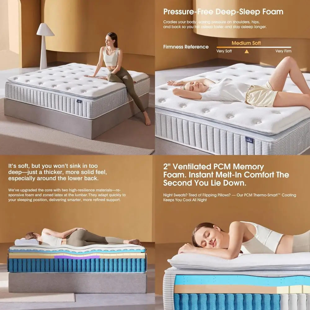 

14 Inch Queen Size Real Hybrid Mattress with Dual Cooling, 2-Inch Ventilated Memory Foam, Reinforced Edge Support, and Zoned Des