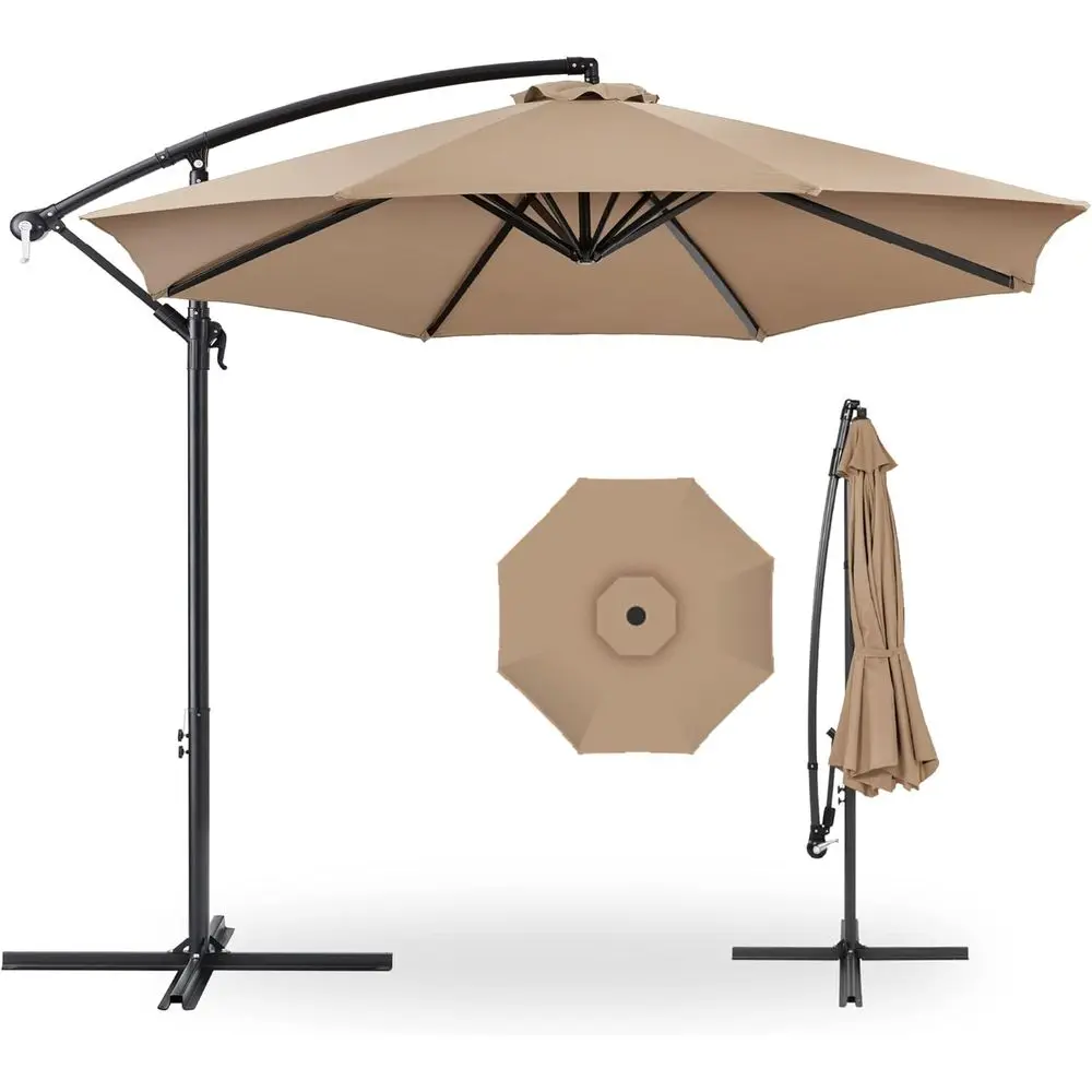 Hanging Market Patio Umbrella with Adjustable Polyester Shade, 8 Ribs, Ideal for Backyard, Poolside, Lawn, and Garden - Tan