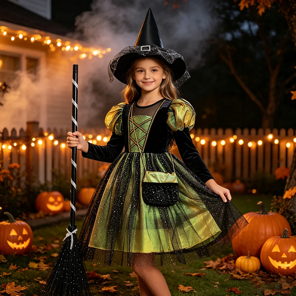Shiny Fluffy Tulle Witch Dress for Girls Halloween Cosplay Party Deluxe Performance Halloween Witch Outfit Carnival Kids Clothes