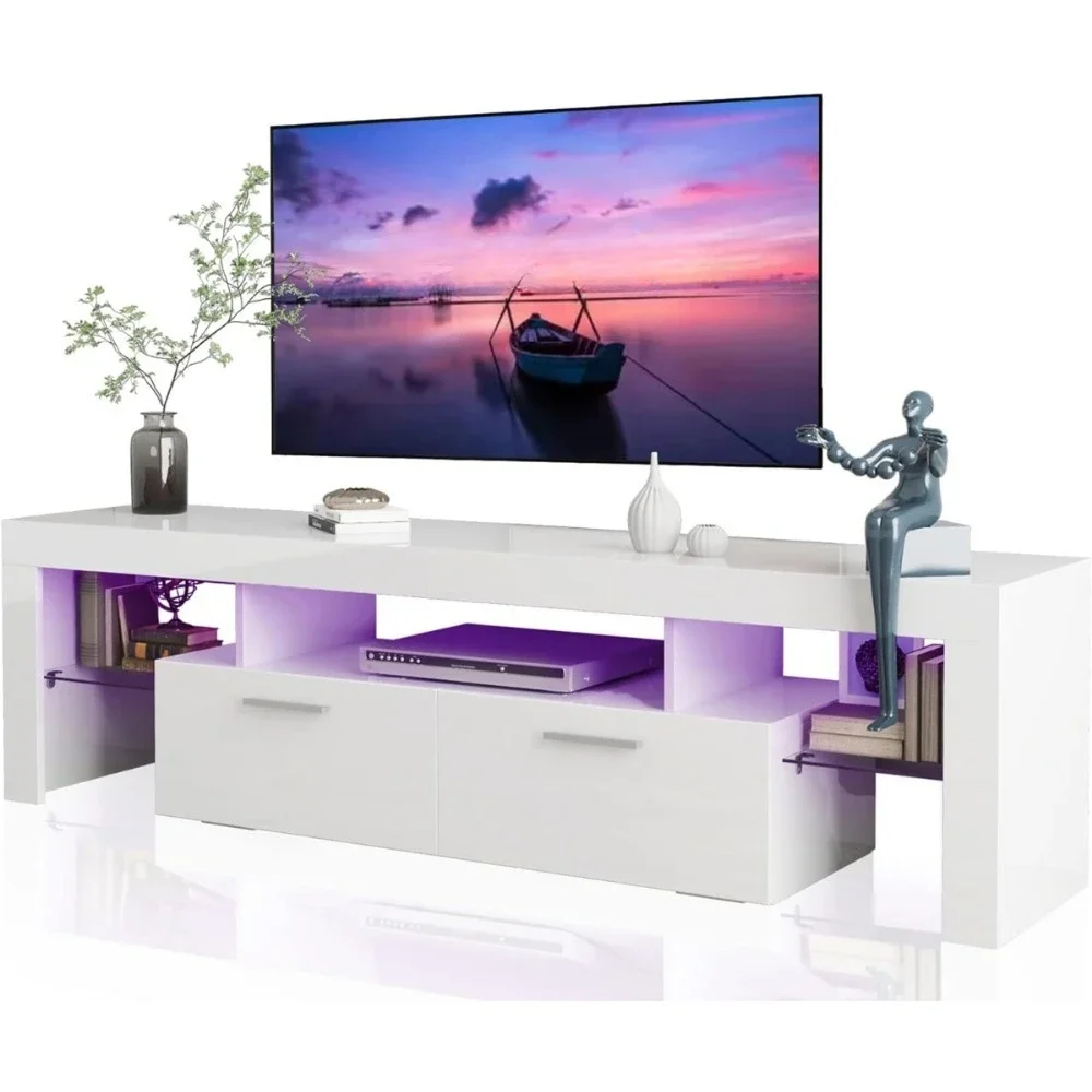 Modern LED 63 inch TV Stand with Large Storage Drawer, White Wood TV Console with High Glossy Entertainment Center