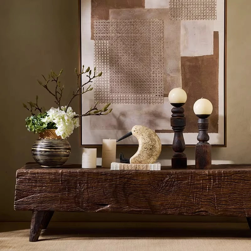 Wabi Sabi Home Decor, Hand-Painted Bamboo Vase Fossil Wood Sculpture with Candle Holder Natural Zen Centerpiece for Living Room