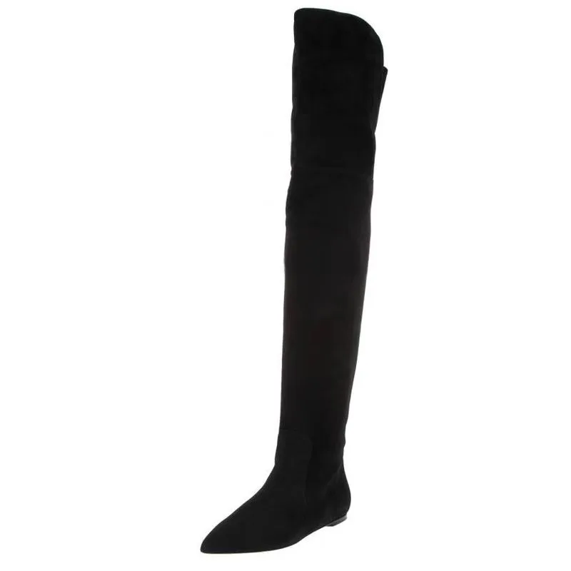 

Black Suede Flat Over The Knee Boots Plus Size 43 Pointed Toe Stretch Fabric Tight High Boots Customized