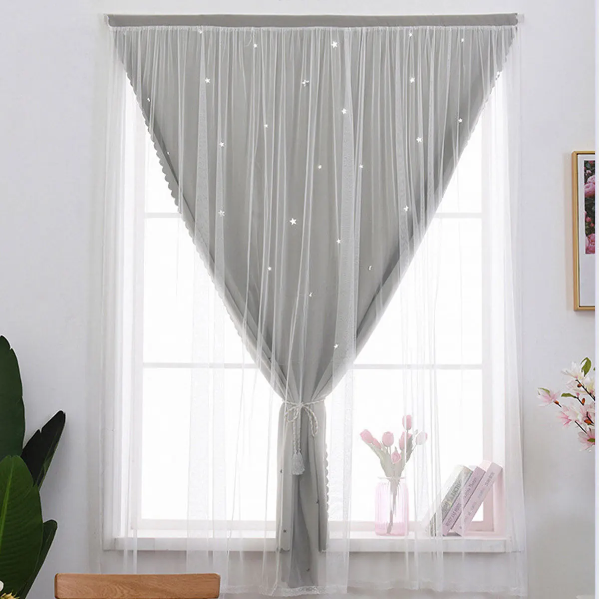 Gray Double Layer Magic Tape Curtain 1 Panel Hollow Star Cutout Tulle Sheer Curtain Princess Curtain For Girls Bedroom