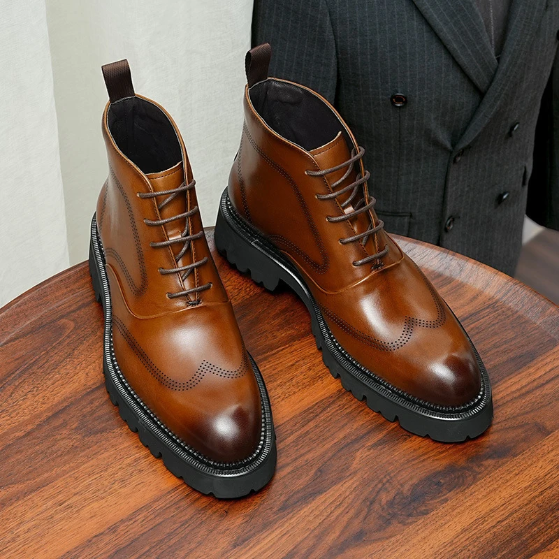 

Мужские ботинки из натуральной коровьей кожи, черные, на шнуровке, для деловых костюмов, зимние, класса люкс