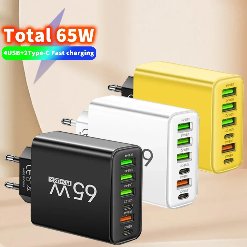 65W 6 Ports USB PD Charger Fast Charging Type C Phone Charger Adapter For iPhone Samsung Xiaomi USB C Quick Charge Wall Charger