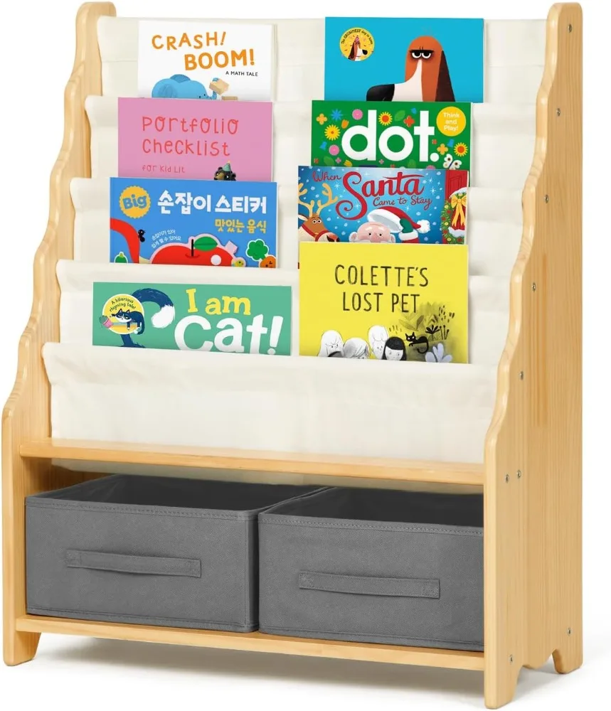 

Solid Wooden Bookshelf for Kids, 27.6" L X 11" W X 34" H Toddler Bookshelf Equipped with 4 Sling Bookshelf