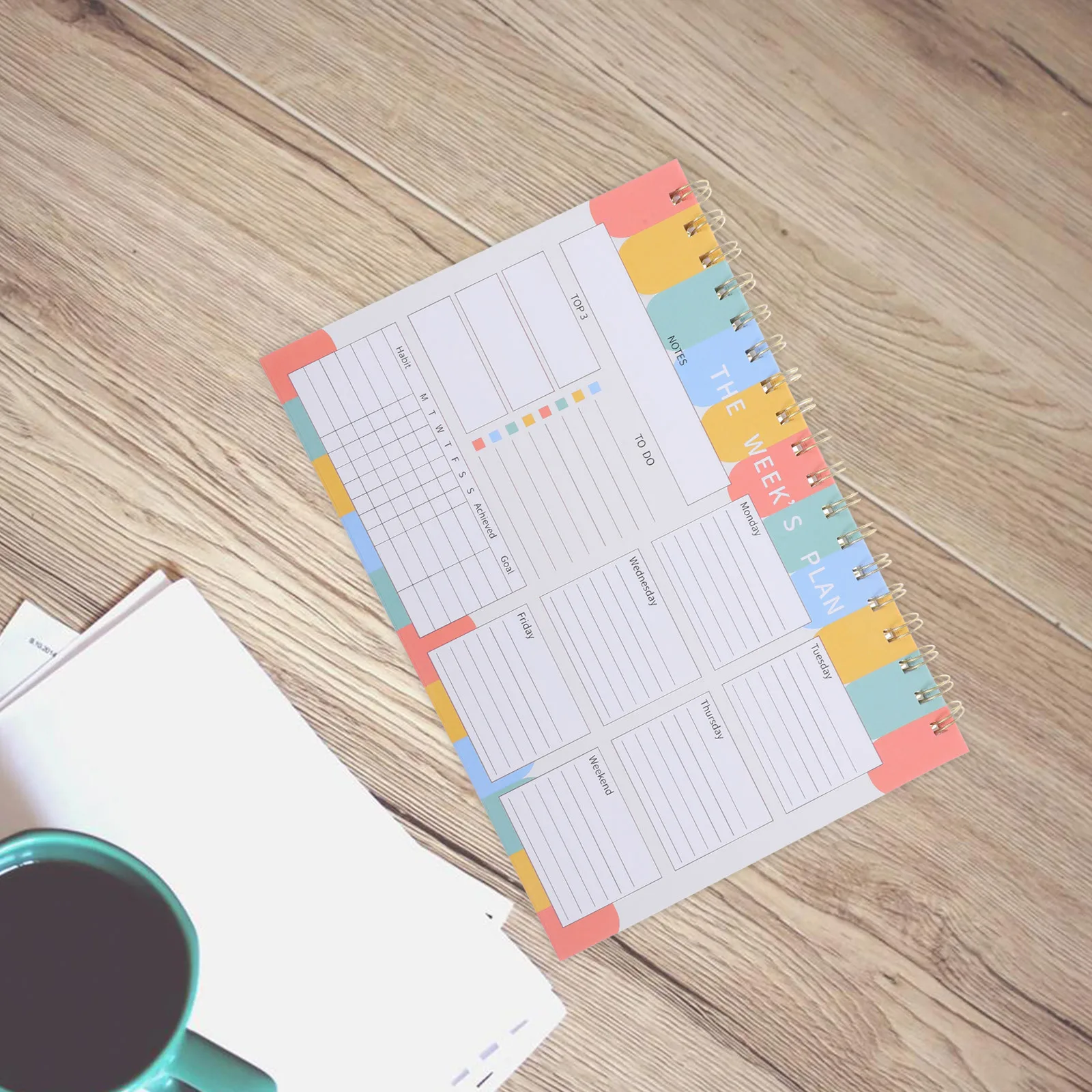 Cuaderno planificador semanal de gran tamaño, cubierta encuadernada con doble cable, páginas sin fecha, categorización de tareas, trabajo, uso escolar en el hogar