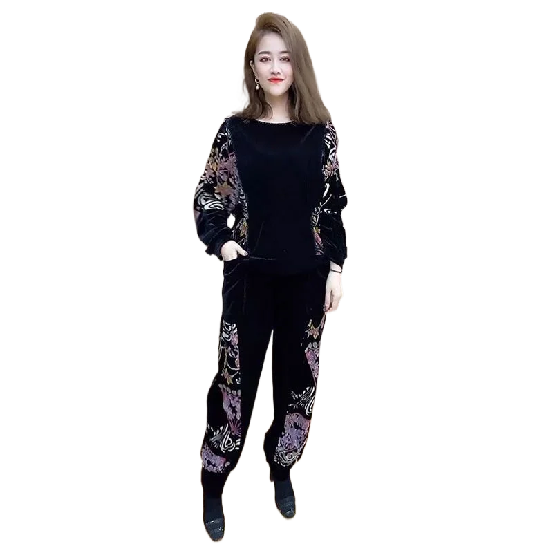 

Women's Clothes Spring and Autumn Large Size Casual Pants Set Fashion Velvet Patchwork Large Size Slim Two-piece Set