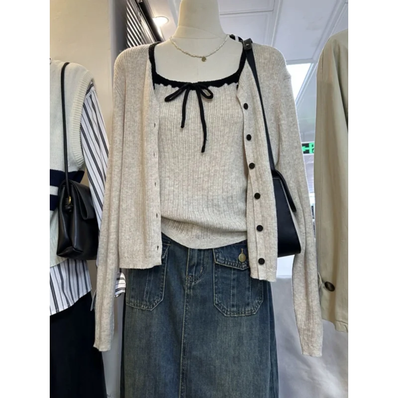 

Осенний новый стиль, вязаный кардиган с бантом и шнурком на подтяжках, свободный комплект из двух предметов