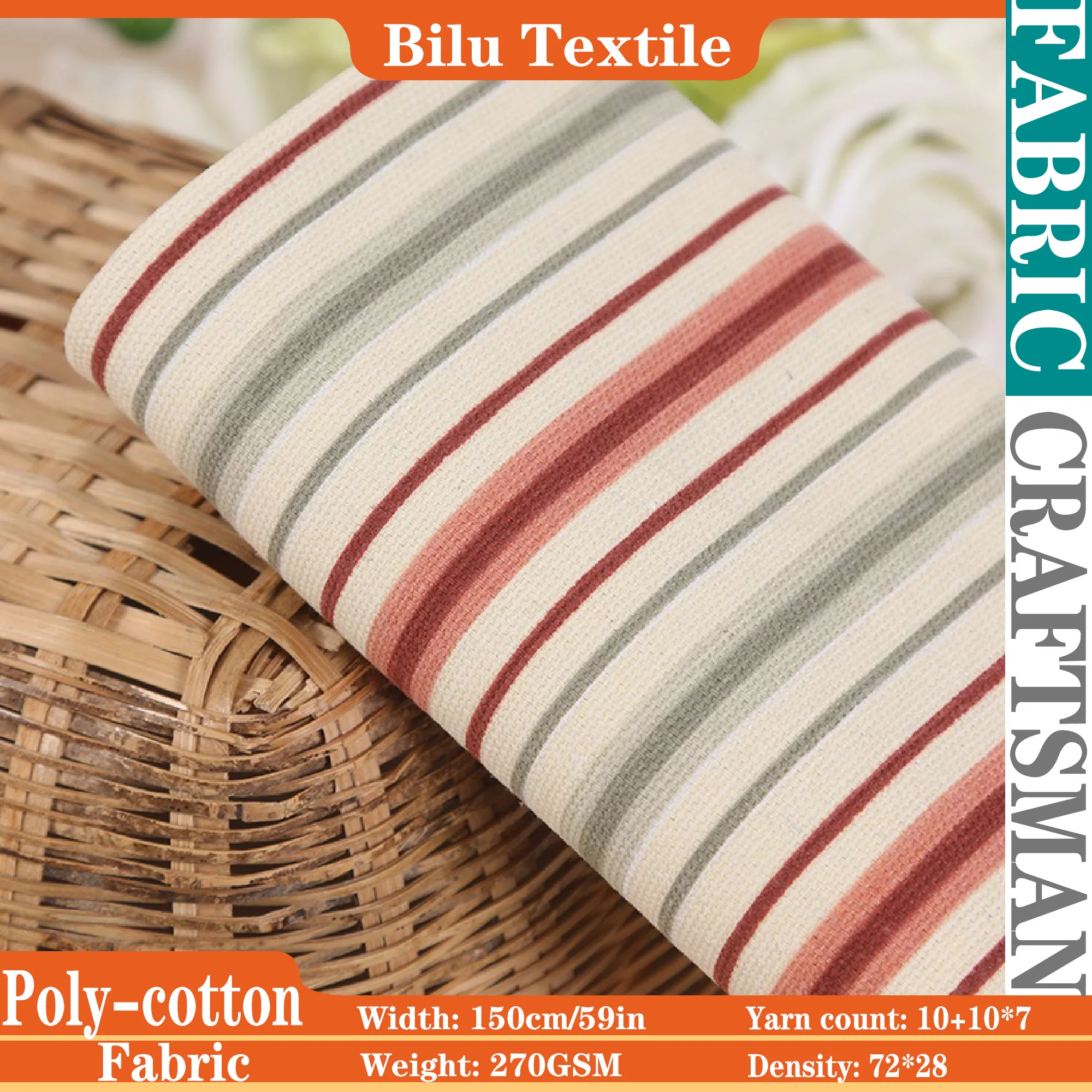 

Striped Printed Poly-Cotton Canvas - Heavyweight Designer Fabric for Artisan Home Textiles