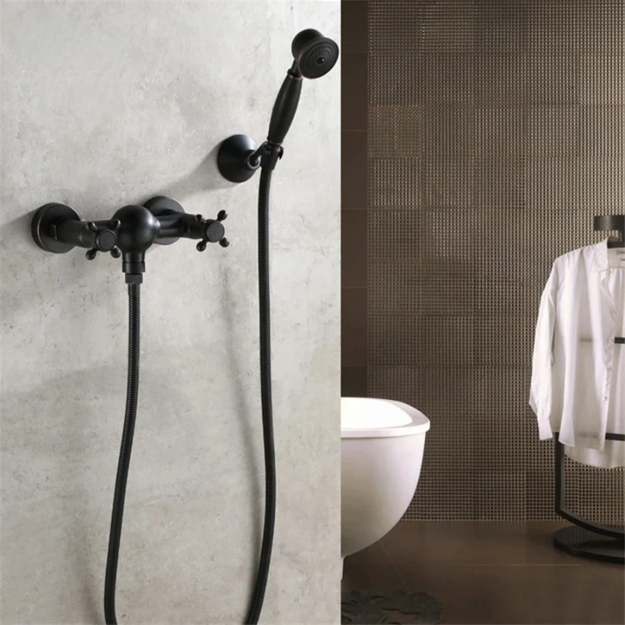 Bathroom Black Shower Faucet Set with Hand Spraying Wall Mount Double Handle Solid Brass Bathtub Shower Mixer Tap