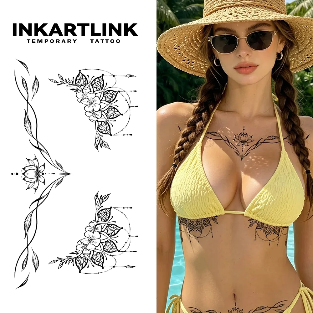 INKARTLINK Geometric Lotus V-Chest Adornment Waterproof Tattoo for Island Vacays & Poolside Style.