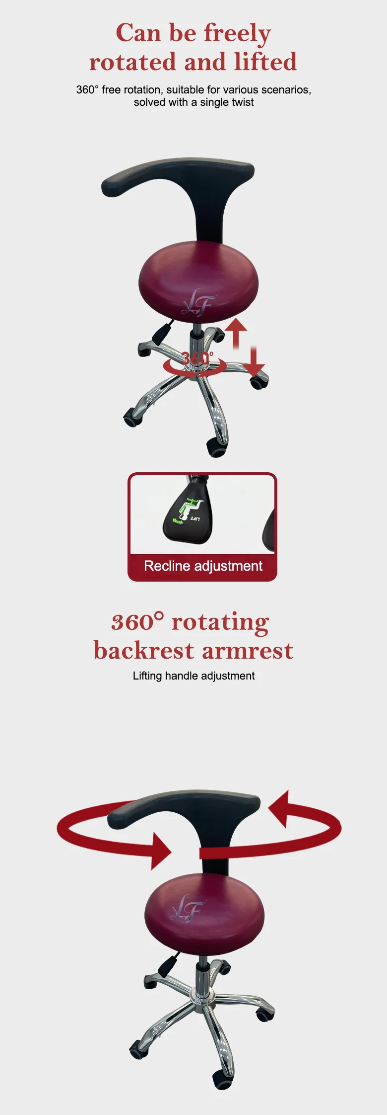 Robuster, verstellbarer Rollstuhl mit 360-Grad-Drehung und Rückenstütze, leicht zu reinigen, für Salon- und Krankenpflegepersonal. – Detail 4