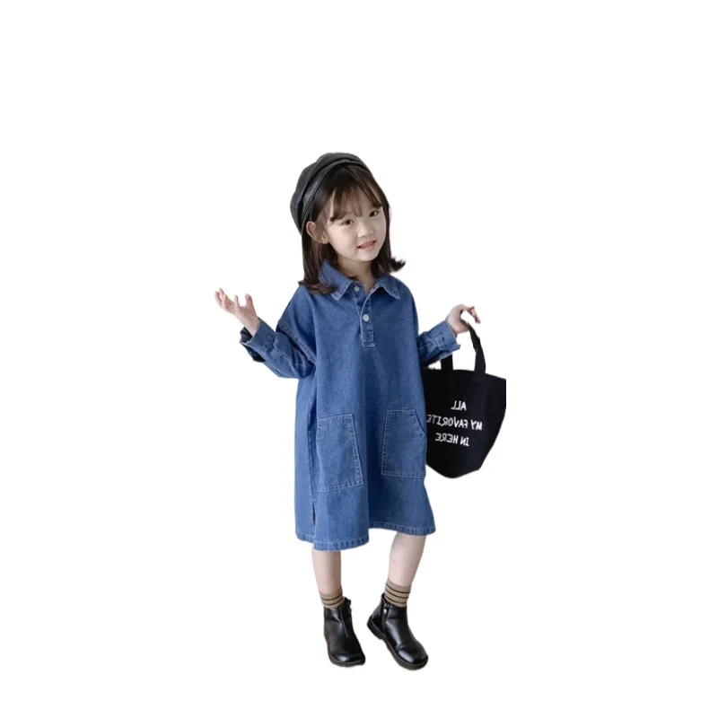 Girls Dress New Spring Autumn Long-Sleeve Solid Color Denim Casual Loose Pocket Toddler Kids Clothes Korean Style Clothes 2-6Y