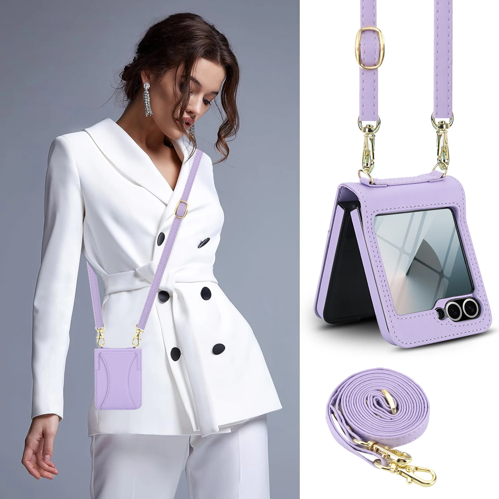 Leather Case For Samsung Galaxy Z Flip 7 FE 6 5 4 3 5G Crossbody Bag Lanyard Wallet Card Holder Stand Cover+Screen Protector view 6