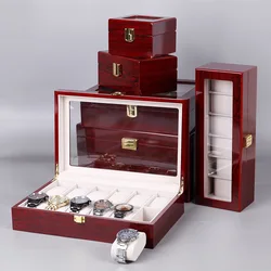 2/3/5/6/10/12 Slots Watch Box Organizer Red Piano With Red Paint Wooden Jewelry Storage Case Men Glass Top Watches Display Boxes