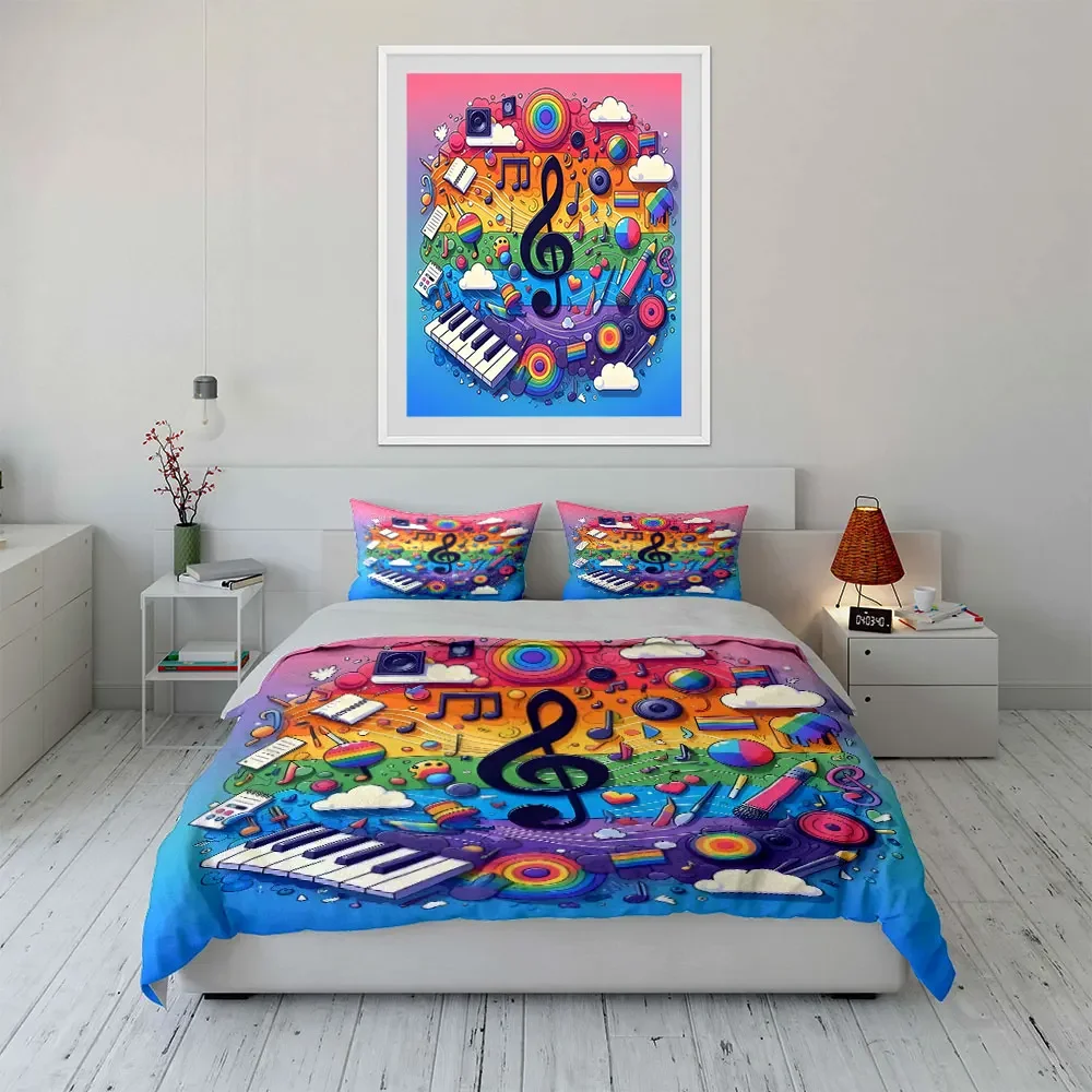 

"Colorful Music-Themed Art Set" Multiple sizes kid's and adults' bedroom Exquisite 3PC bedding set, gift
