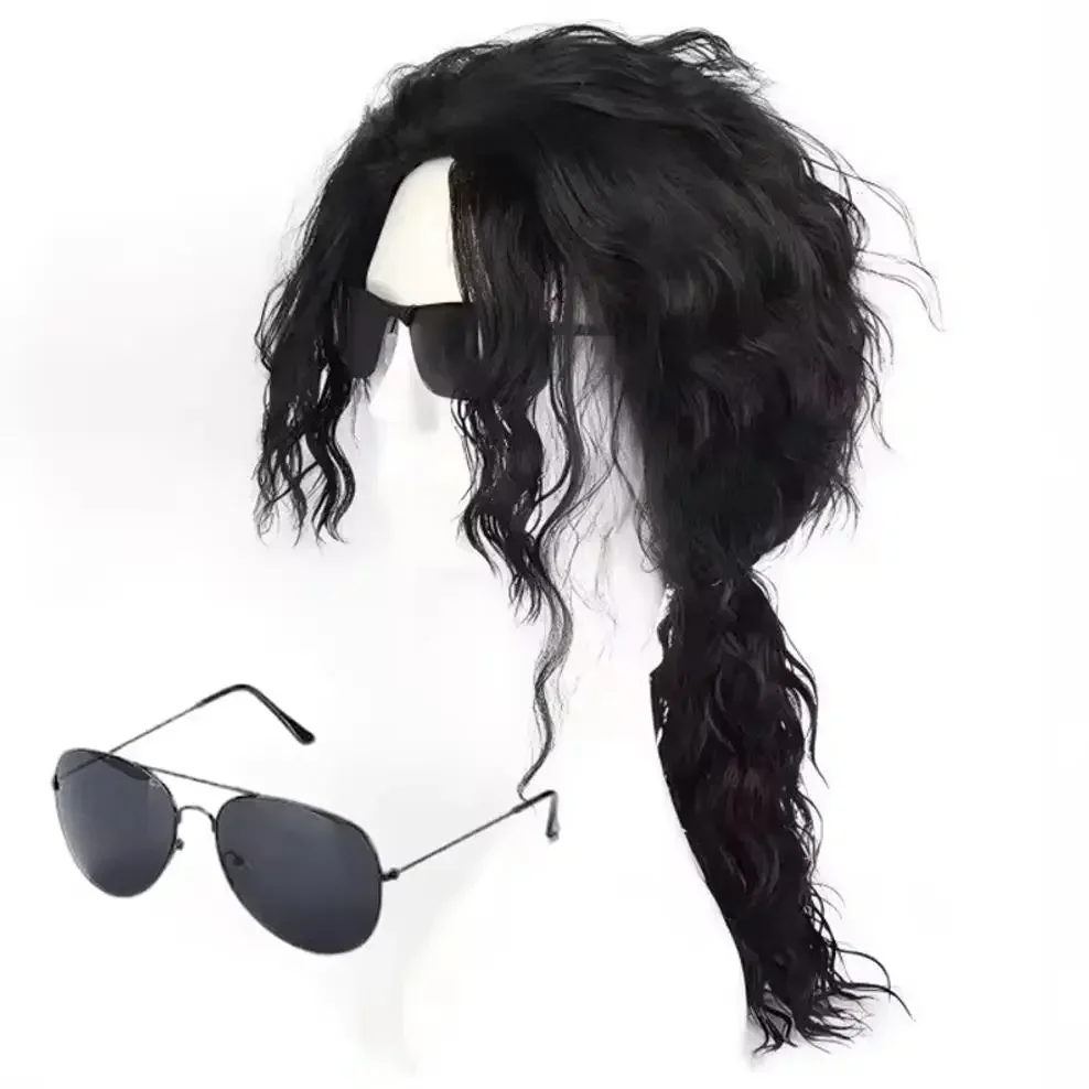 New Michael Jackson Cosplay Wig Or Glasses MJ Black Curly Synthetic Wig Hair Headwear Halloween Cosplay Wigs Accessories Prop view 3