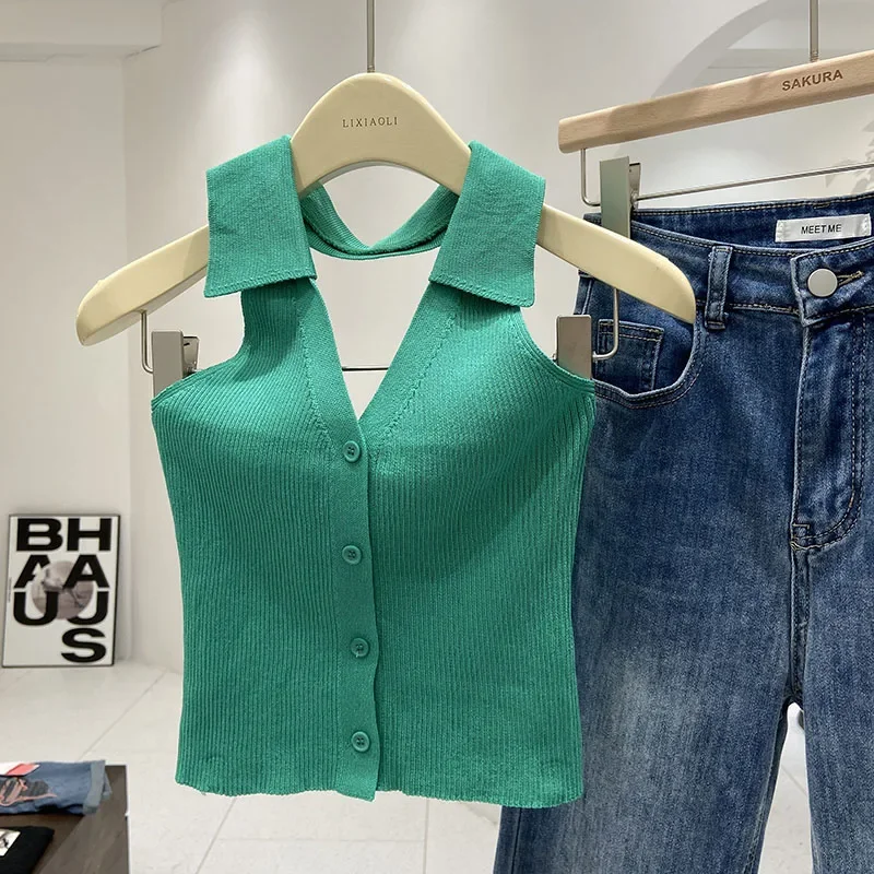 مضلع متماسكة الرسن قميص بولو بلا أكمام زر الجبهة المحاصيل الدبابات كاميس الصيف النساء في سن المراهقة فتاة 90s الزي خمر