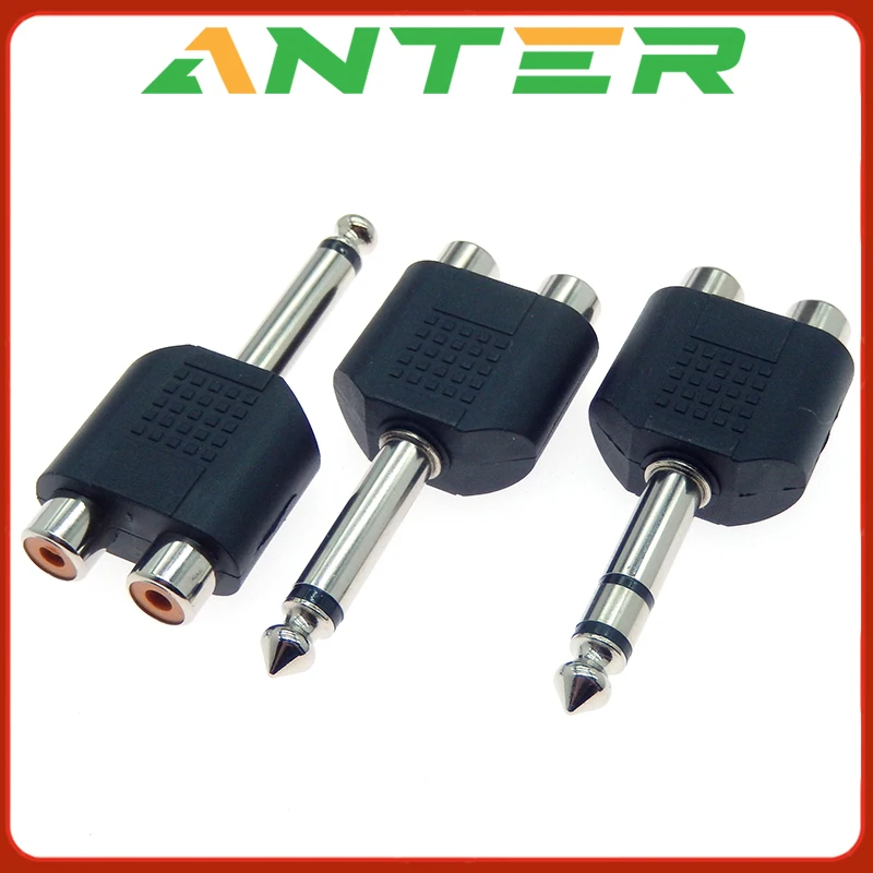 2PCS 6.35mm 1/4 inch Male Mono Channel Stereo To 2 Dual RCA Female Y Splitter Audio Adapter Converter Connector