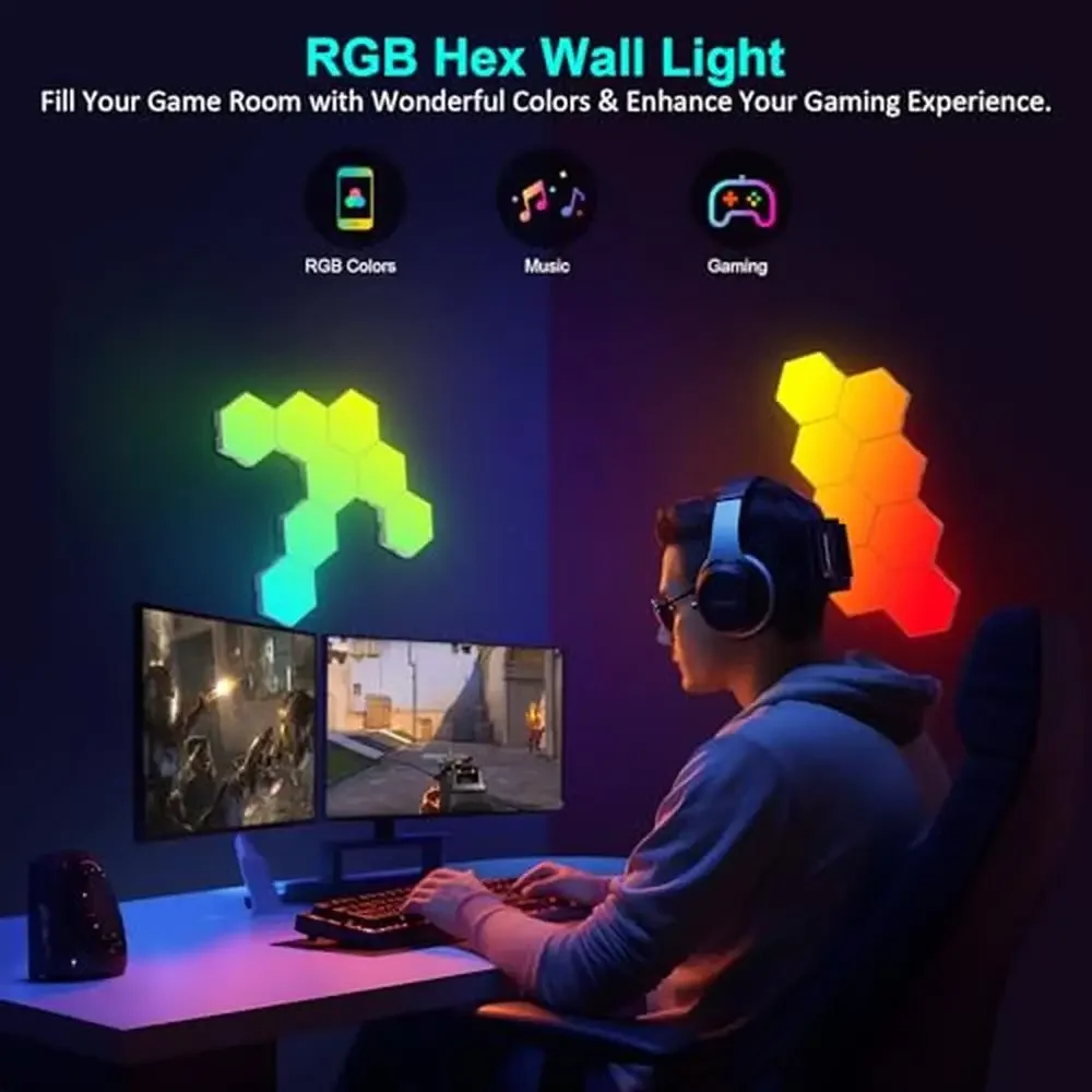 ไฟติดผนังแอลอีดีหกเหลี่ยมมี20ชิ้นแผงควบคุมการเล่นเกม RGB เชื่อมต่อเพลงซิงค์กันด้วยรีโมทไฟฉายในบ้าน