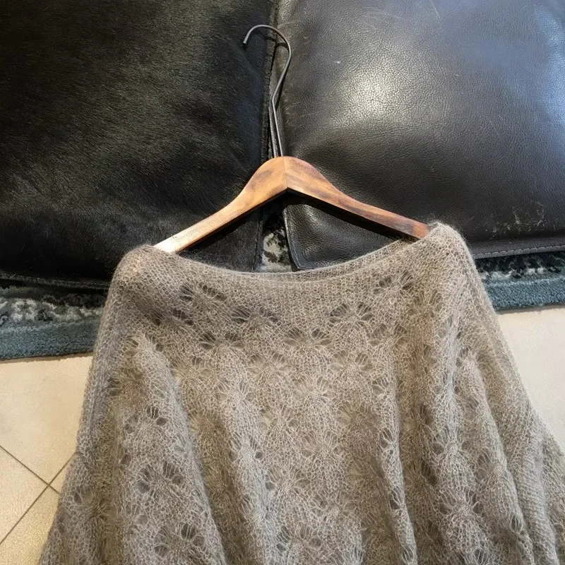 جديد الخريف جوفاء متماسكة البلوز موضة خمر فضفاضة طويلة الأكمام مائل الرقبة المرأة رداء علوي من الصوف لينة تريكو البلوزات