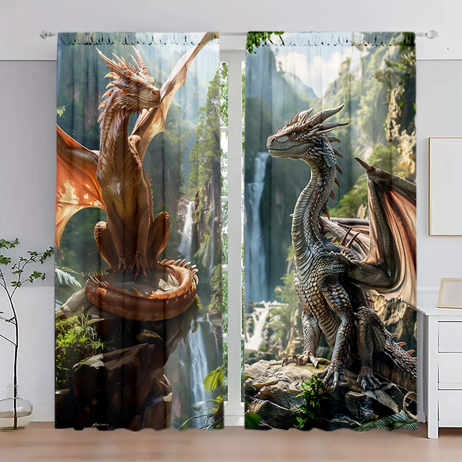 2pcs Domineering Dragon Printed Curtain for Home Decor - Rod Pocket Window Treatment for Bedroom, Office, Kitchen, Living Room,