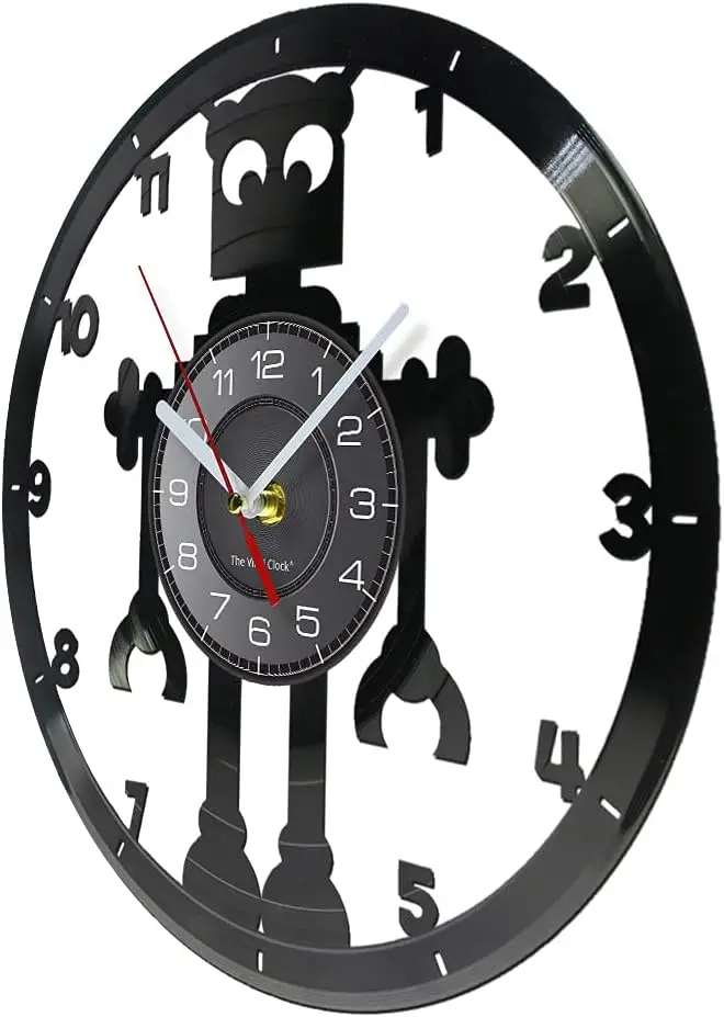 Robot Wall Clock Vintage Home Decoration Mechanical Analog Robot Vinyl Record Wall Clock Children's Room Bedroom Decor Gift