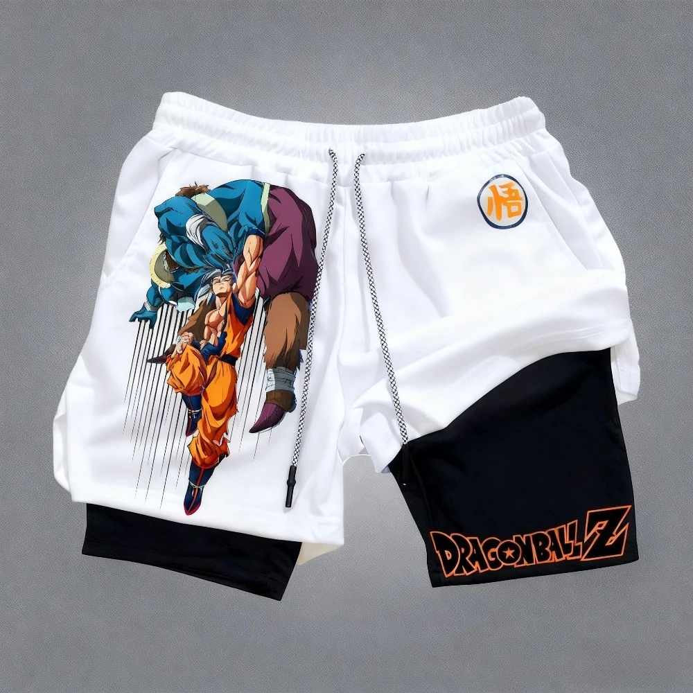 لعبة دراغون بول أنيمي مطبوعة طبقة مزدوجة السراويل 2025 الصيف الرجال جديد ضيق اللياقة البدنية التجفيف السريع تنفس 2 في 1 السراويل الرياضية