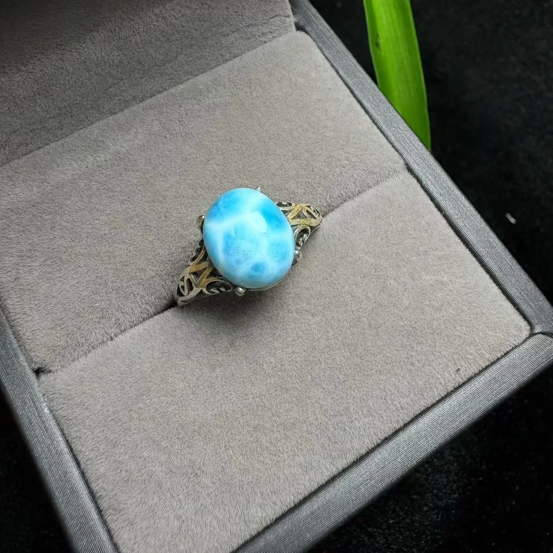 

1 Pc Fengbaowu Natural Dominican Republic Larimar Oval Cabochon Ring 925 Sterling Silver Reiki Healing Stone Jewelry Gift Women