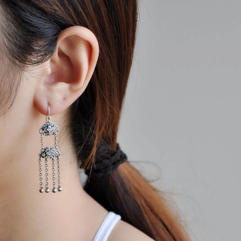 Vintage Thai silver tassel flower design drop earrings for women Chinese style unique art ethnic style ladies jewelry