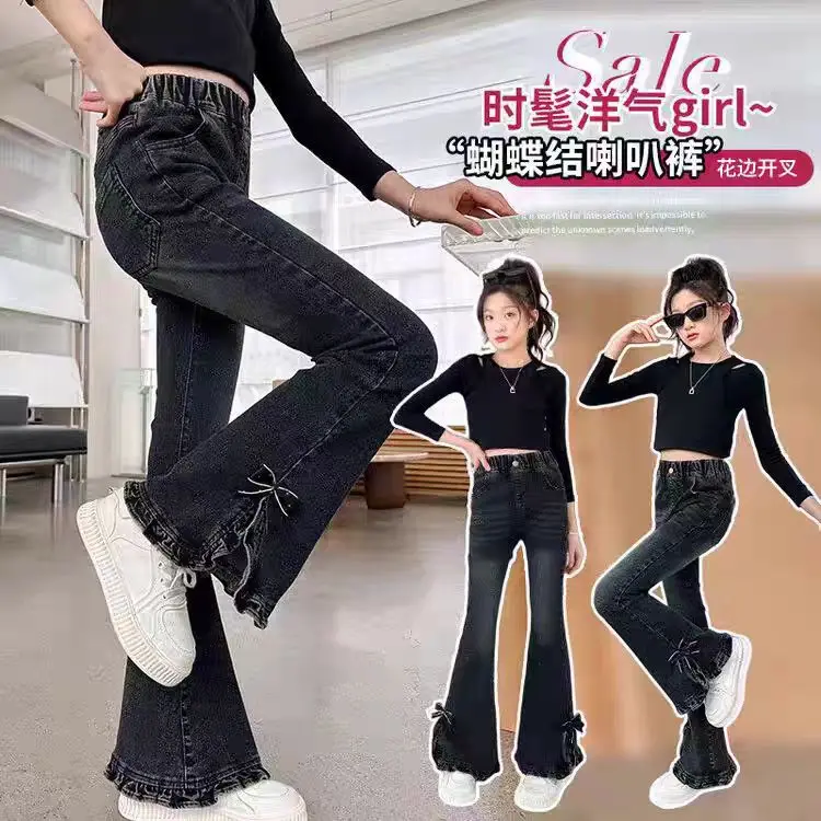 

Fashion Spring Kids Flared Beaded Jeans with Bows for Girl Casual Boot Cut Denim Pants Children's Slim Fit Jeans Trousers