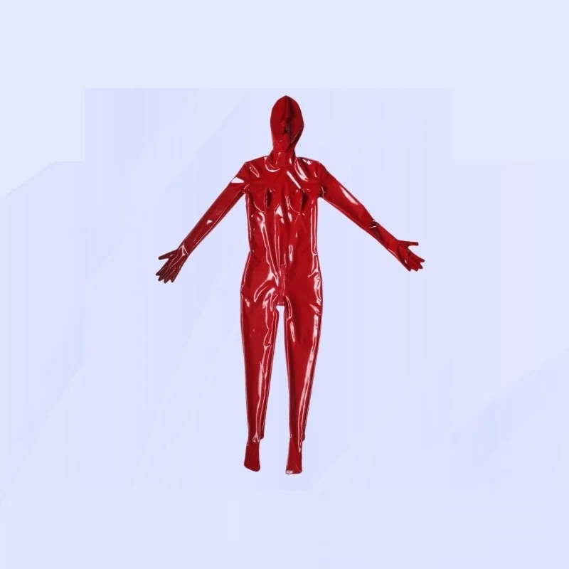 

3D Stereoscopic Chest Open Jumpsuit Zentai Role-Playing Wrapped Completely Bodysuit Hooded Zipper Crotch Shiny Leather Leotard