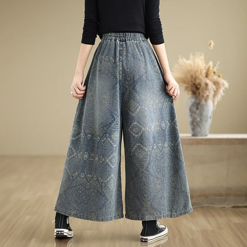 الخريف والشتاء مزاجه جديد كبير الحجم الدنيم واسعة الساق السراويل النسائية الطباعة فضفاضة عادية تنوعا مستقيم الساق السراويل #4