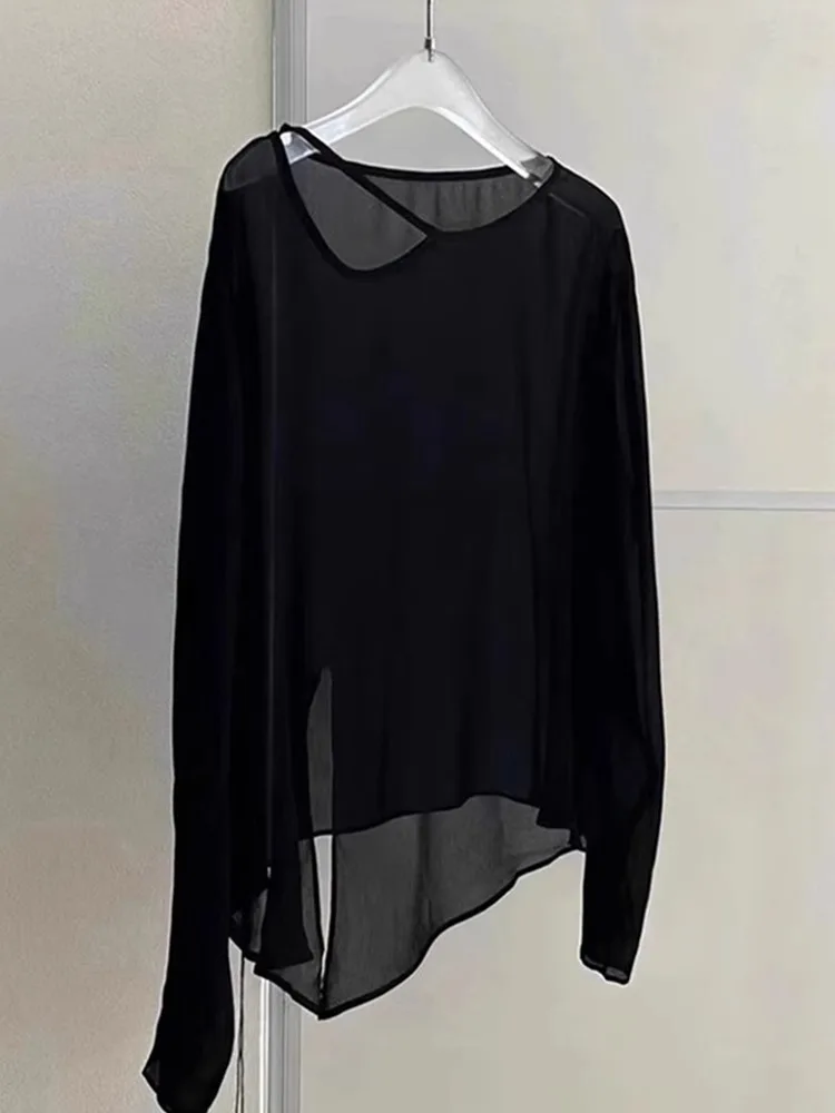 

Ice Silk Sun Protection Top Casual Long Sve round Ne Asymmetrical Design Faionable Anti-Uv irt Women's Knittedwear