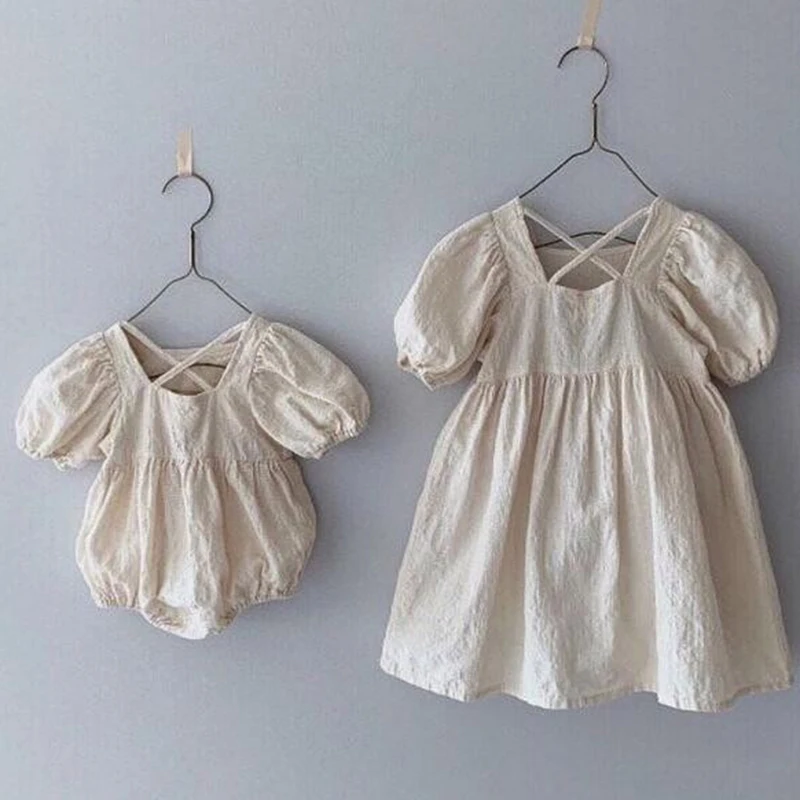 0-6Yrs Sister Matching Outfit Baby Romper Princess Dresses Baby Girls Clothes Short Sleeved Beige Flower Embroidery Girl Dress