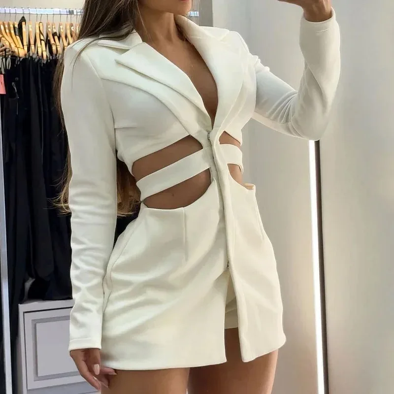

Sexy Hollow-Out Women Notch Lapel Blazer Dress Multiple Colors A-Line Skirt Front Split Long Sleeve Waisted Attire For Business