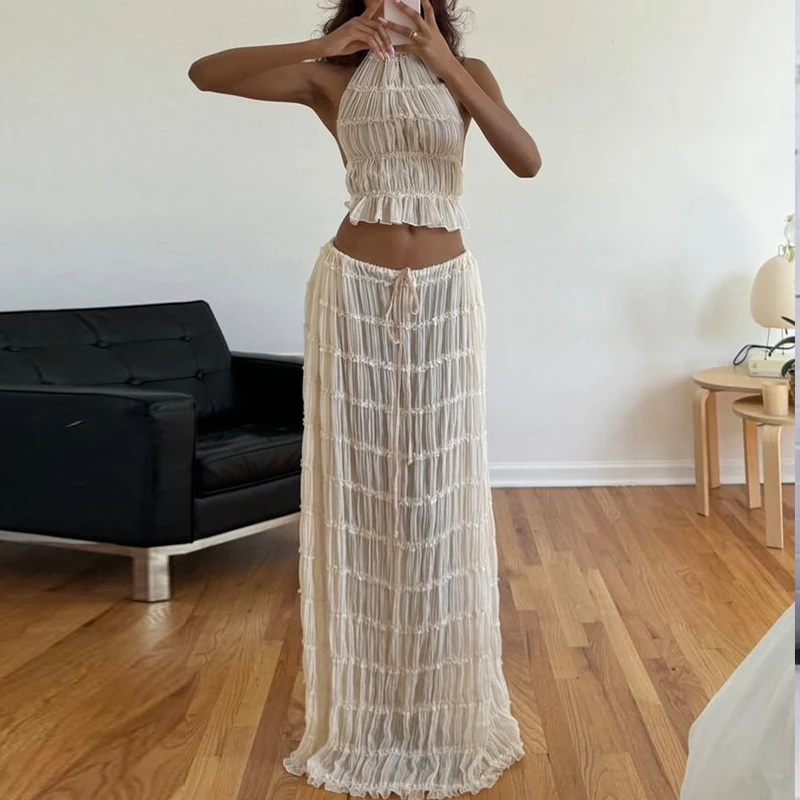 

Maemukilabe Women Boho 2 Piece Set Sexy Backless Tie Up Beach Holiday Vintage Ruched Halter Cami Tops + Maxi Long Skirt Outfits