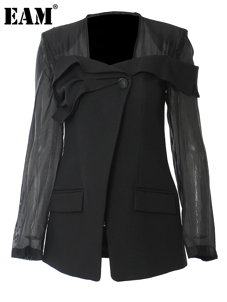 [EAM] chaqueta elegante con perspectiva de malla negra para mujer, nueva chaqueta de manga larga con cuello cuadrado, moda Primavera otoño 2024 1DH3990