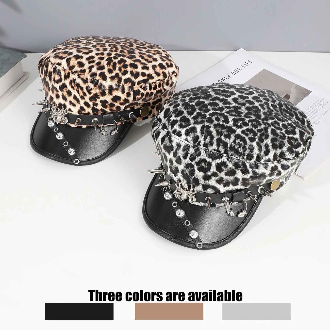 Dulce y fresco estilo Spice Girl remachado aro de araña PU cuero vendedor de periódicos sombrero Y2K moda tendencia compras cara boina pequeña