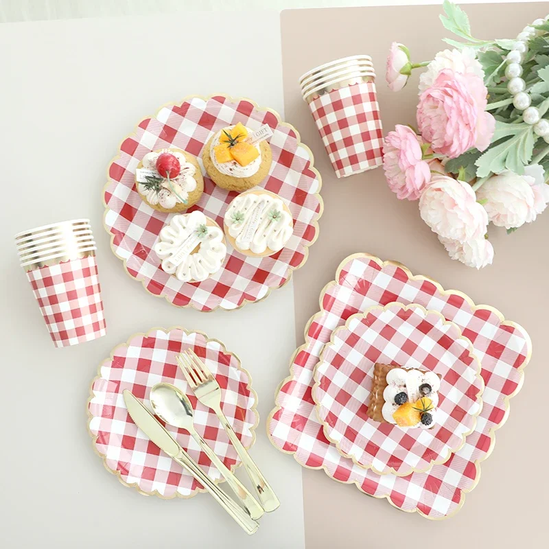 10PCS Red Checkered Disposable Tableware Party Paper Plates Paper Cups Birthday Wedding Decorations Happy Birthday Party Supplie