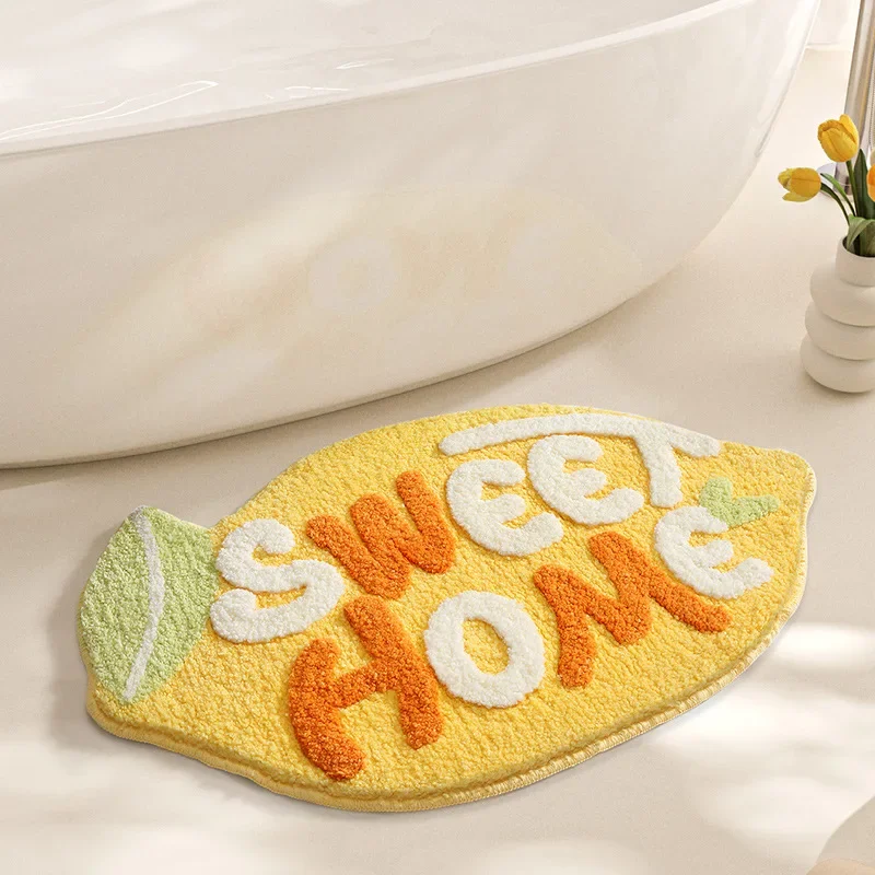 Lemon Shaped Bath Mat - Flocked Microfiber Non-Slip Absorbent Bathroom Rug - Soft & Comfortable Machine Washable Bathroom Decor