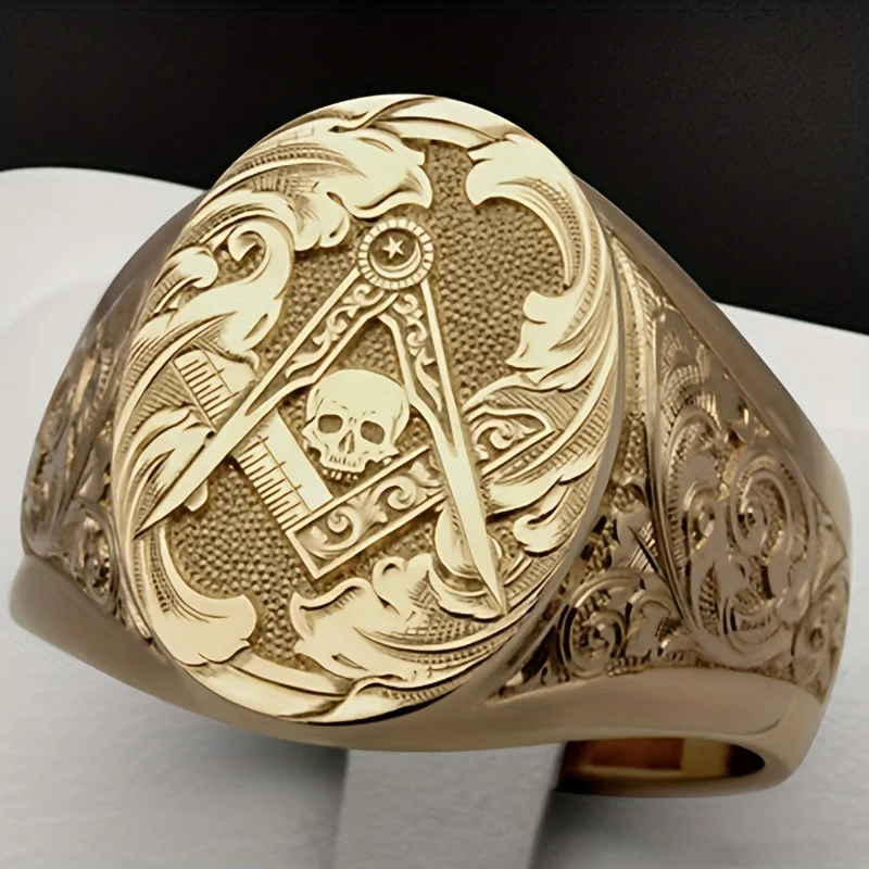 Luxury 18K Gold Plated Carving Skull Mason Rings for Men Fashion Chunky Punk Finger Ring Male Vintage Party Jewelry view 2