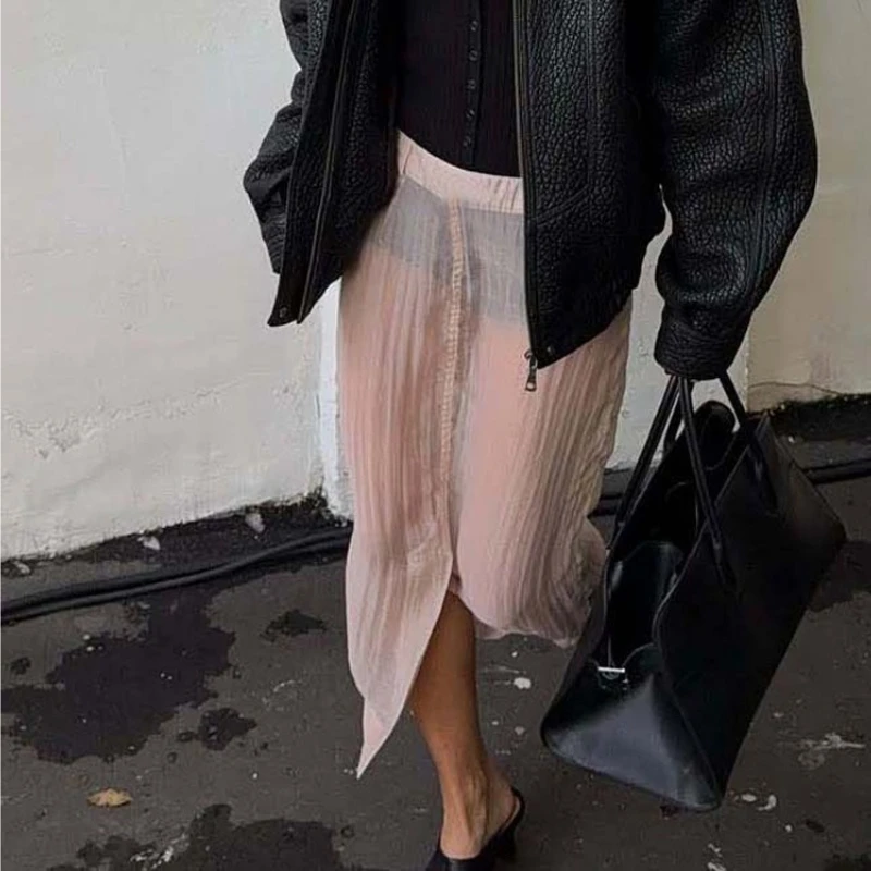 

TARUXY Sexy Hot Girl Pink Skirt Women's Slit Perspective High-Waisted Loose Long Skirt Spring Summer Casual Street-Style Skirt