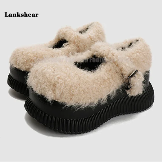Beige Lamb Fur Mary Jane Shoes Women's Round Toe Side Buckle Shoes Increase Fur Shoes Thick Sole Shoes Black Fur Shoes 34-40