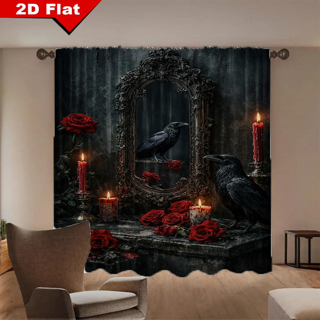 2D Flat - 2pcs Gothic Crow Mirror Red Rose Candle Curtain Set for Halloween Dark Aesthetic Home Decor Blackout Drape