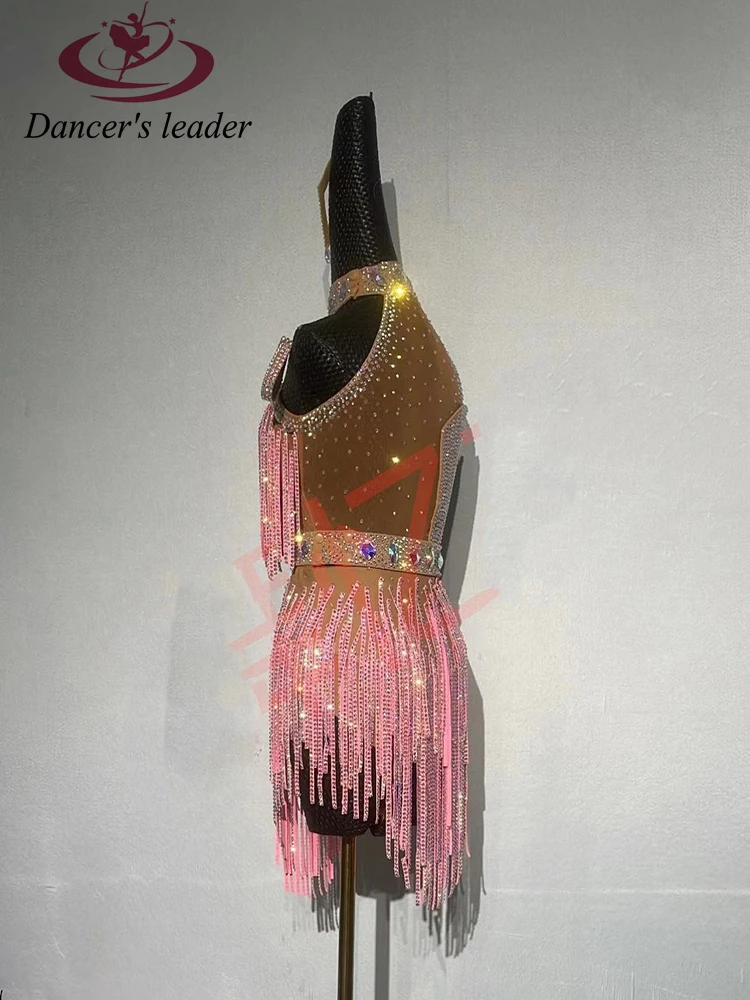 Latin Dance High-end Custom New Full Diamond High-end Competition Clothing Pink Cha Cha Tango Women Professional Dress