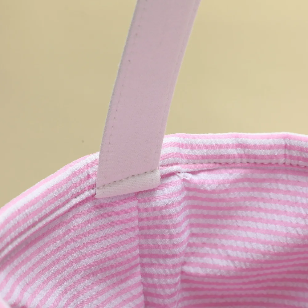 Maßgefertigter Seersucker-Osterkorb, Patchwork-Süßigkeiten-Geschenk-Aufbewahrungstasche für Kinder, Eiersuche, Frühlingsparty-Zubehör mit Griff – Detail 1
