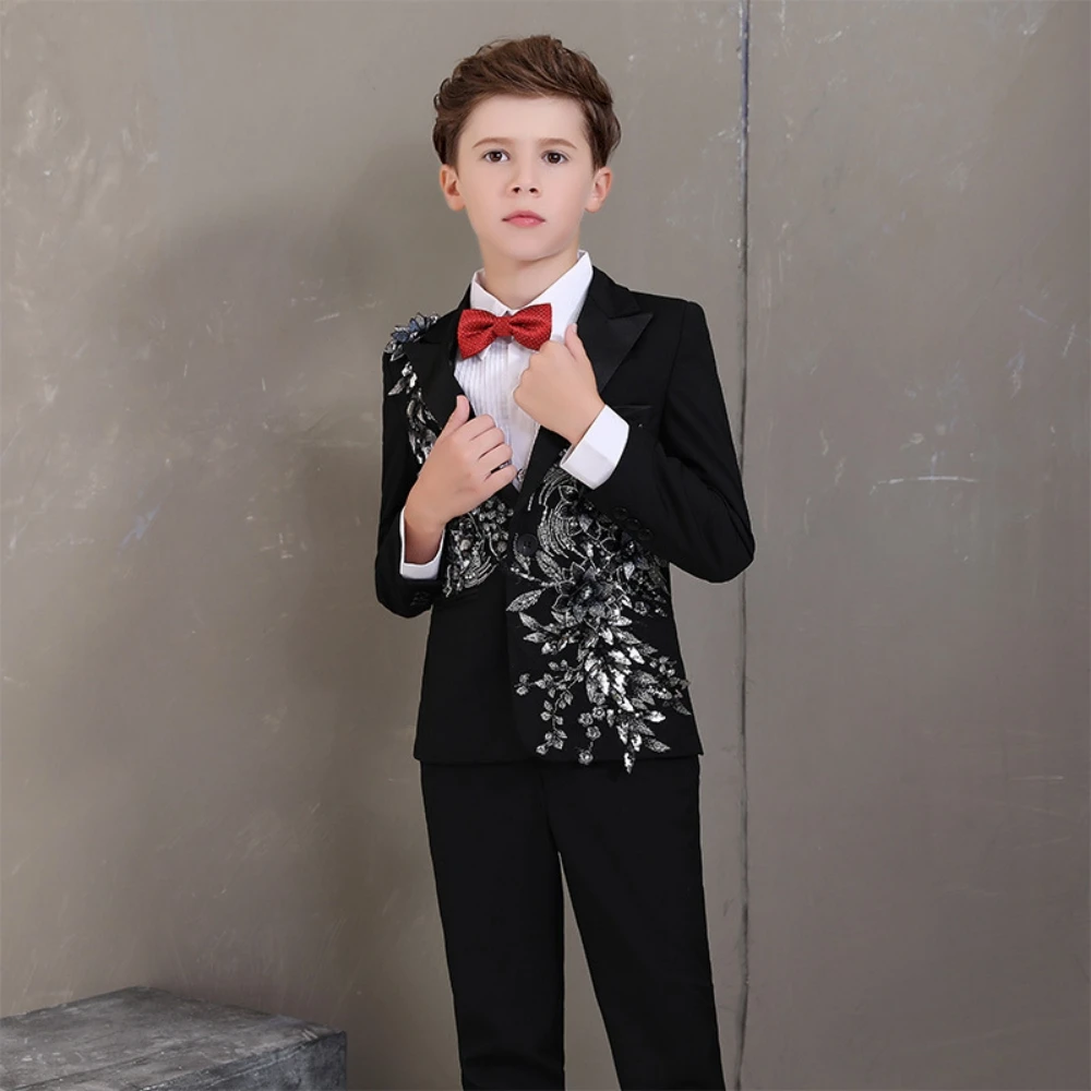 Exquisite Sparkling Boys Suits 2 Pieces Piano Performance Outfit,Black Elegant Kids Suit Set For Party,Peak Lapel Tuxedo On Sale