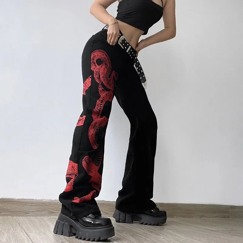 American Style Hip Hop Y2k Baggy Jeans Women Summer Animal Pattern Tidal Current Trousers Vintage High Waist Wide Leg Traf Pants